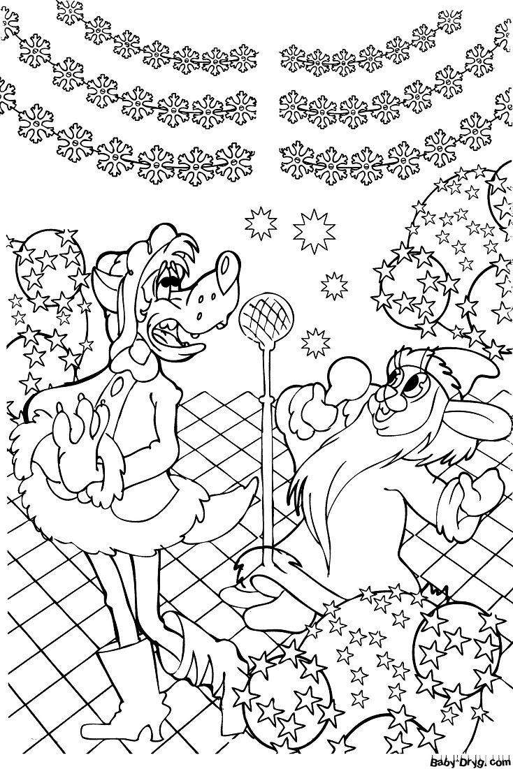 Раскраска Новогодняя песенка волка и зайца | Новогодние раскраски распечатать