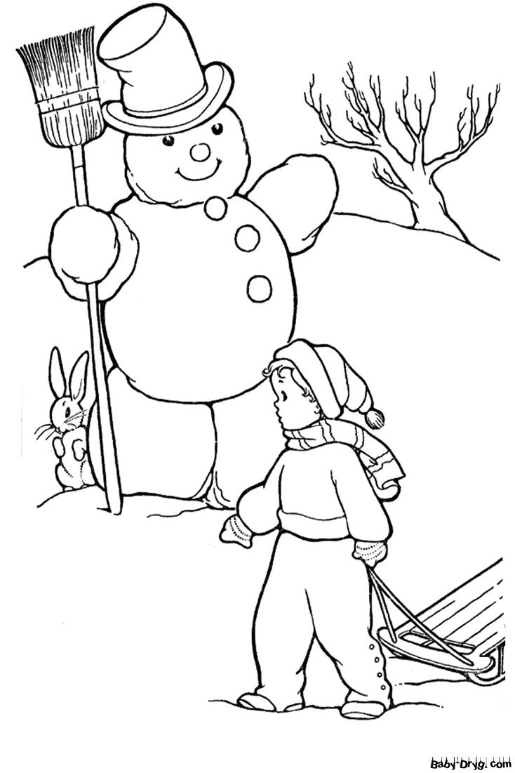 Раскраска Огромный снеговик наблюдает за мальчиком | Новогодние раскраски распечатать