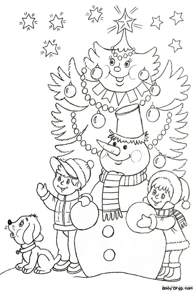 Раскраска Снеговик и двое детей | Новогодние раскраски распечатать