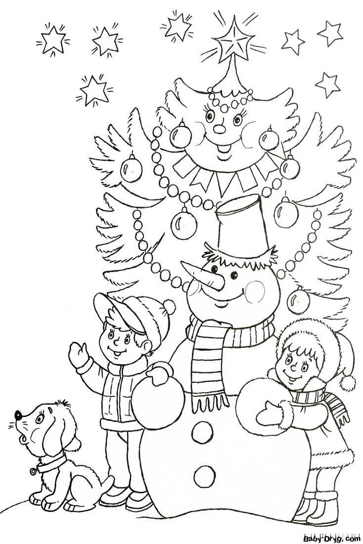 Раскраска Снеговик и двое детей | Новогодние раскраски распечатать
