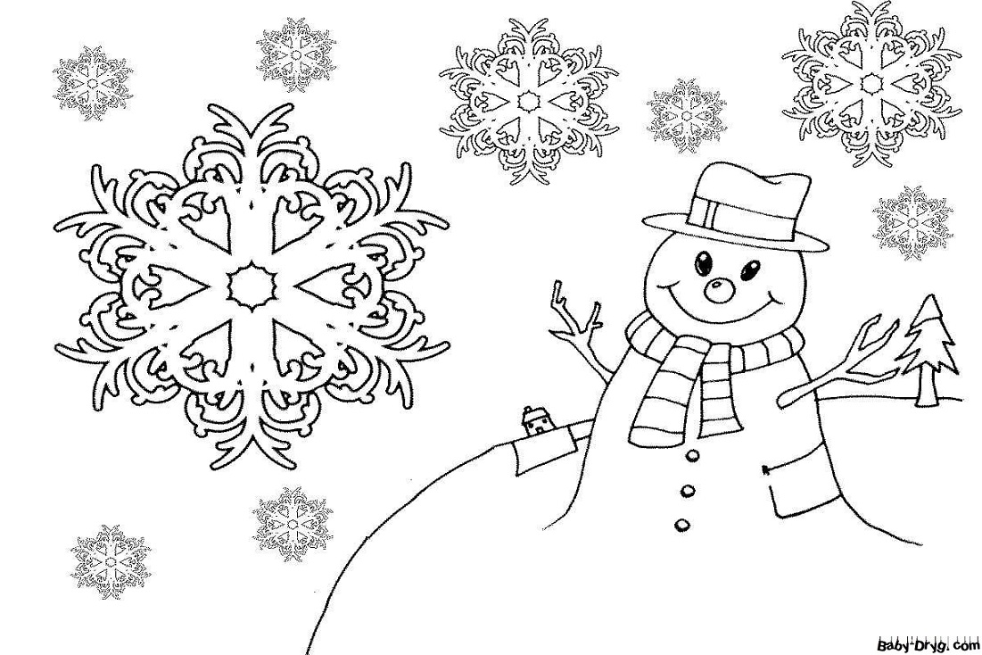 Раскраска Снеговик и падающие снежинки | Новогодние раскраски распечатать