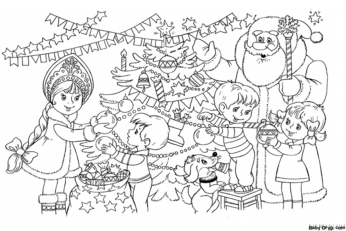 Раскраска Снегурочка и дети украшают елку | Новогодние раскраски распечатать