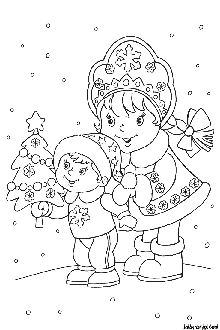 Раскраска Снегурочка и мальчик принесли елку | Новогодние раскраски распечатать