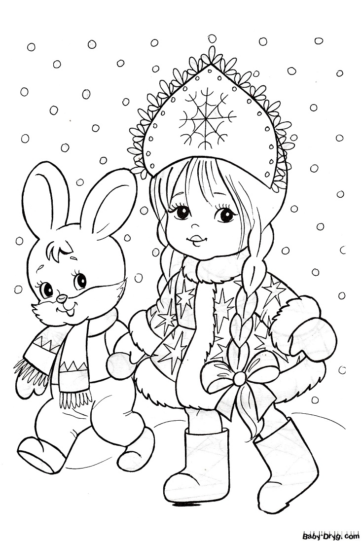 Раскраска Снегурочка и зайка | Новогодние раскраски распечатать