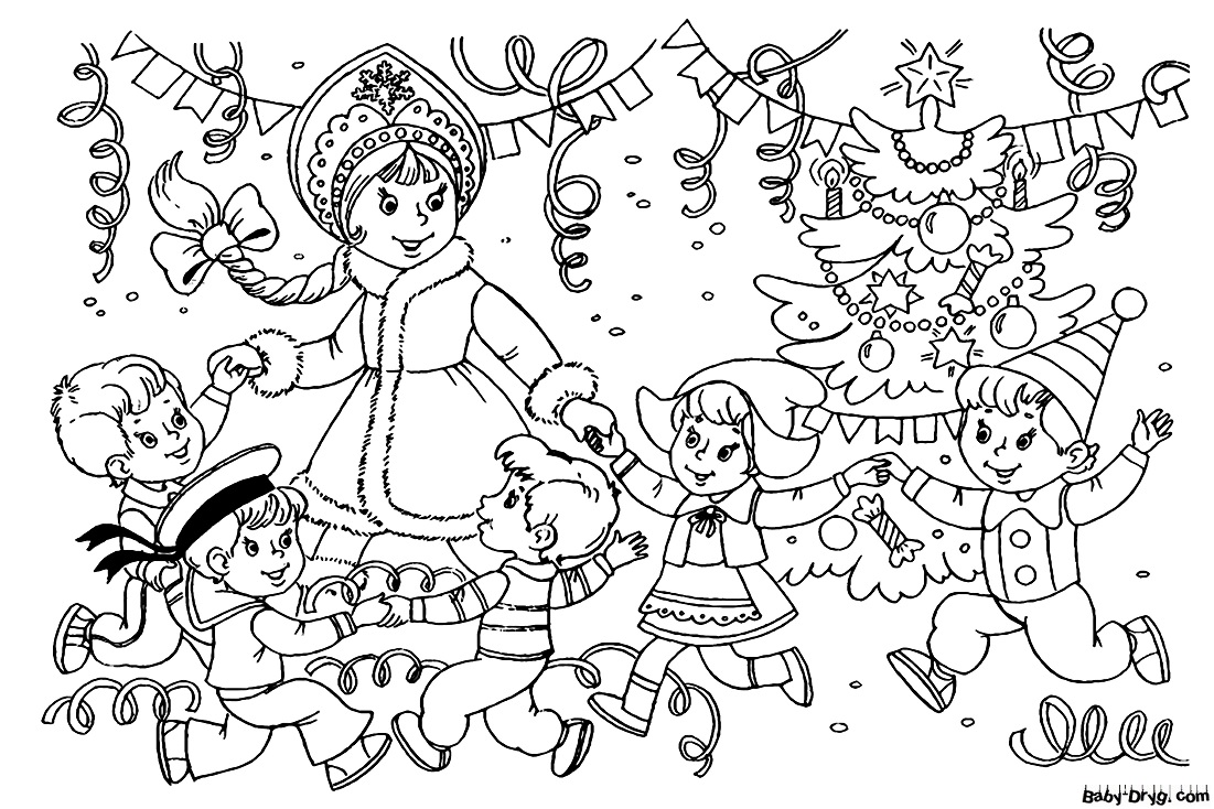 Раскраска Снегурочка на детском празднике | Новогодние раскраски распечатать