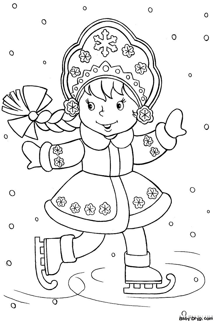 Раскраска Снегурочка на коньках | Новогодние раскраски распечатать