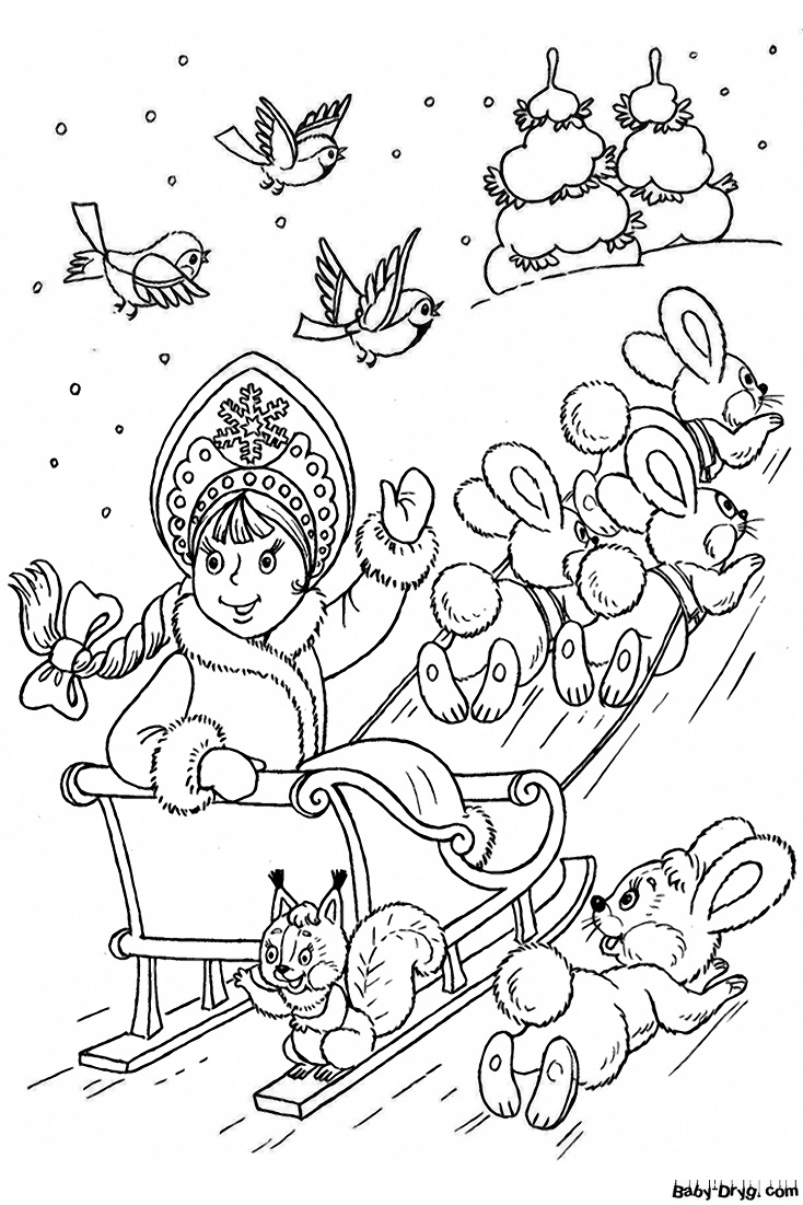 Раскраска Снегурочка с зайцами | Новогодние раскраски распечатать