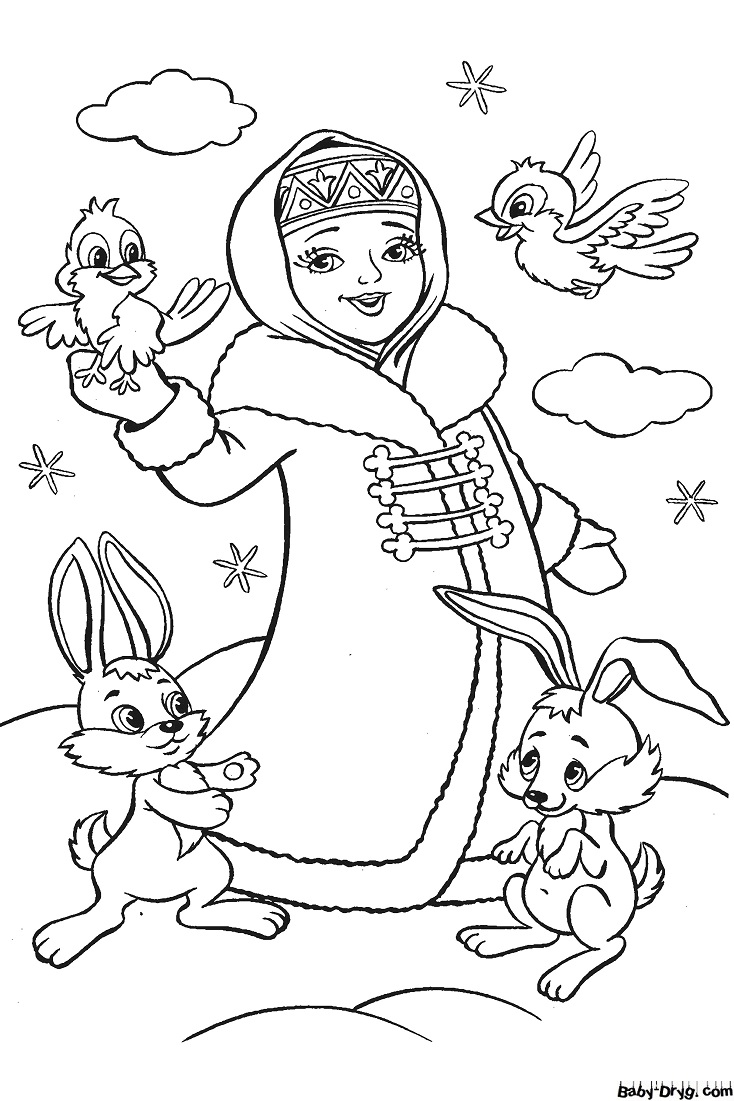Раскраска Снегурочка с зайцами и птичками | Новогодние раскраски распечатать