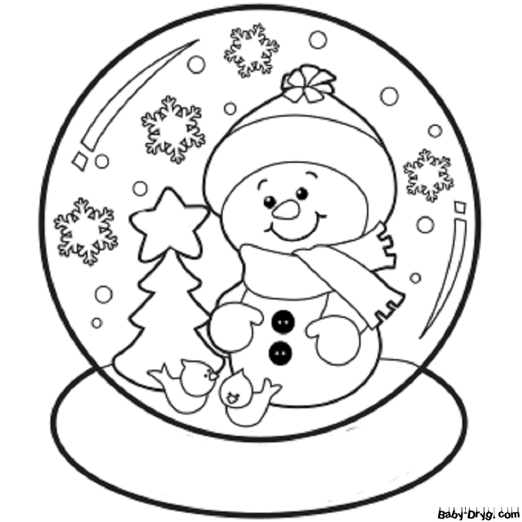 Раскраска Снежный шар со снеговиком | Новогодние раскраски распечатать