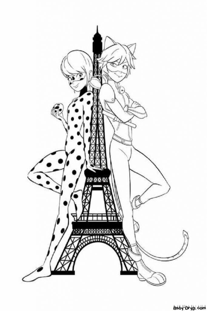 Раскраска Леди Баг и Кот Ноир возле башни в Париже | Распечатать Раскраска Леди Баг и Супер Кот