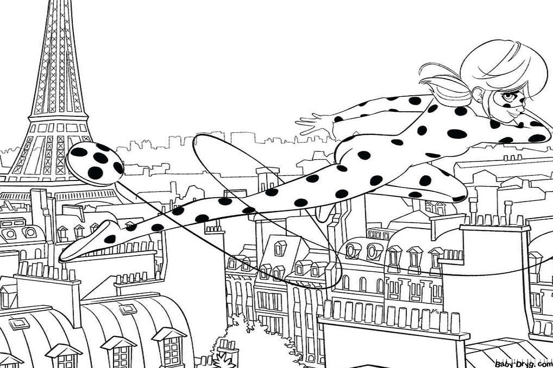 Раскраска Леди Баг летит над городом | Распечатать раскраску