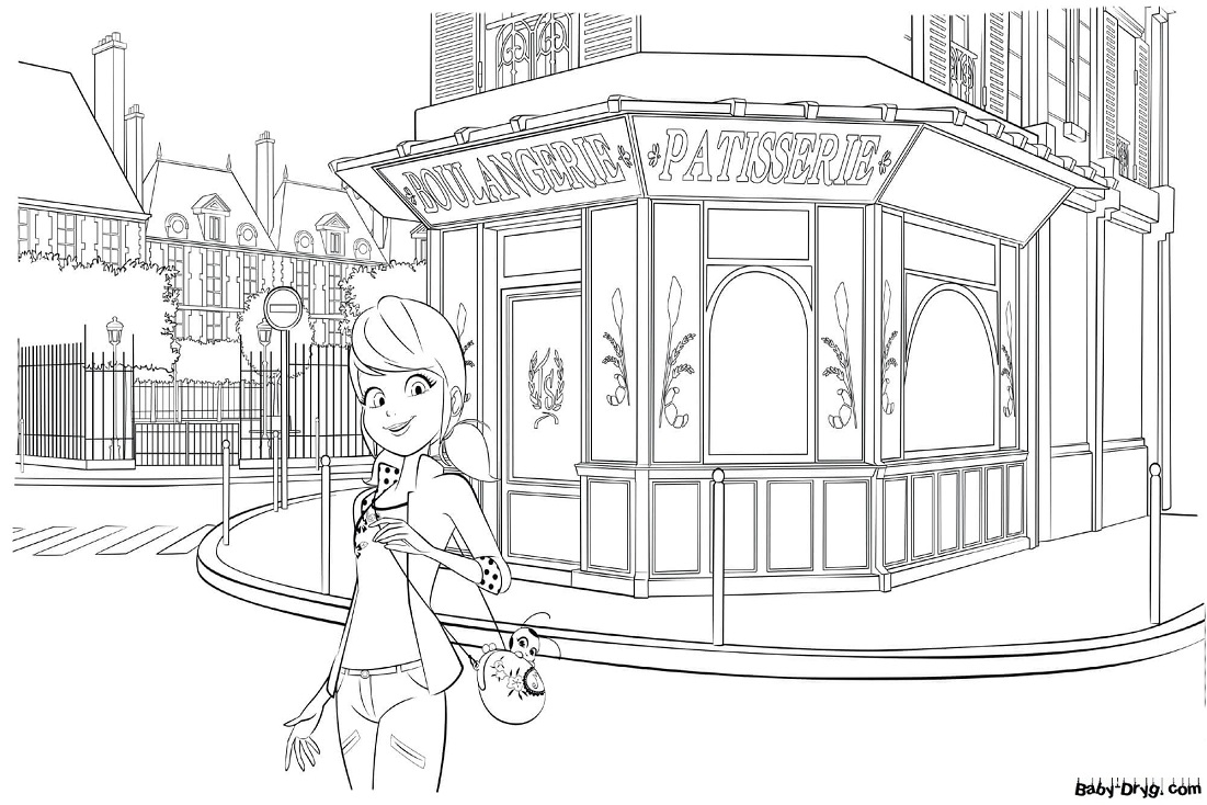 Раскраска Маринетт гуляет по улицам Парижа | Распечатать Раскраска Леди Баг и Супер Кот