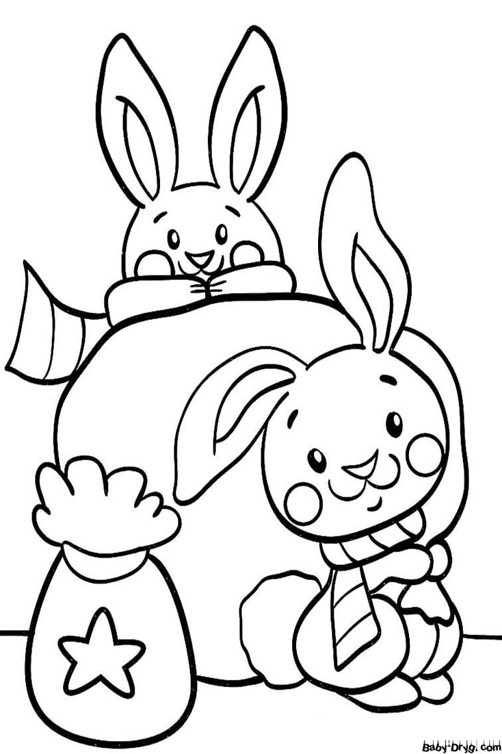 2023 Год Кролика раскраска для детей | Распечатать Раскраска Новогодний Кролик 2023