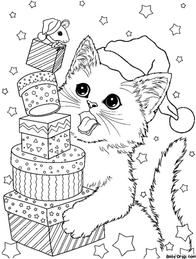 Картинка Год Кролика (кота) 2023 | Распечатать Раскраска Новогодний Кролик 2023