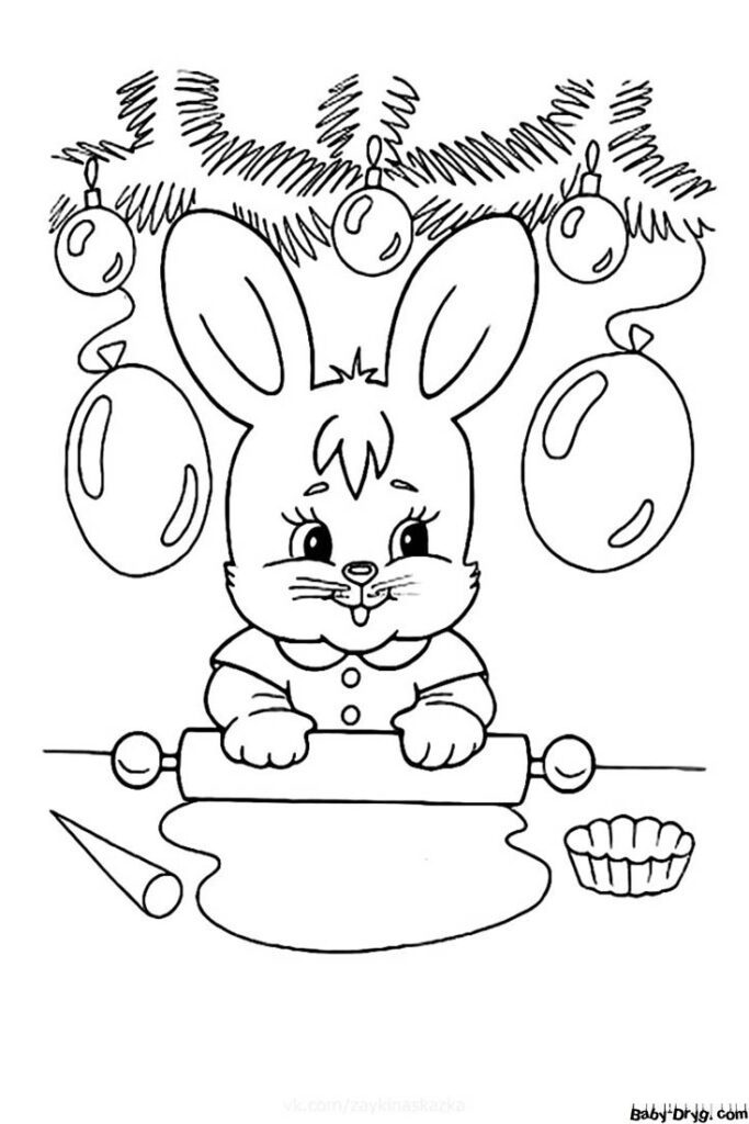 Картинка кролика на новый год | Распечатать Раскраска Новогодний Кролик 2023