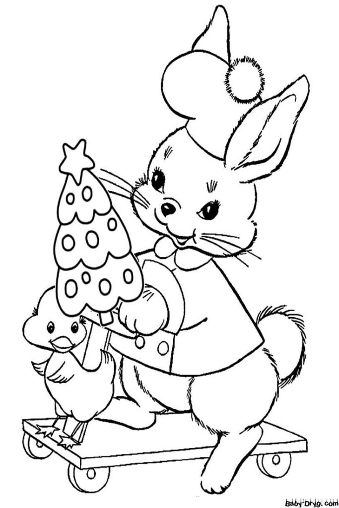Картинка на окно к Новому Году Кролика | Распечатать Раскраска Новогодний Кролик 2023