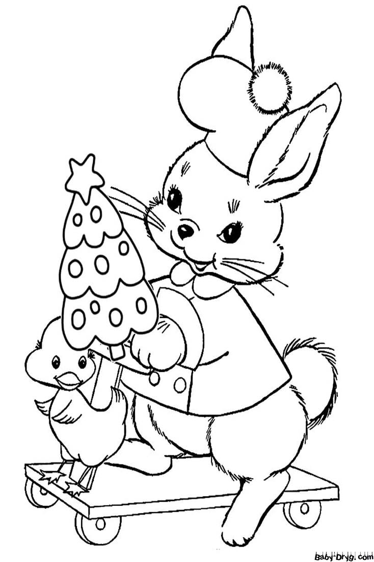 Картинка на окно к Новому Году Кролика | Распечатать Раскраска Новогодний Кролик 2023