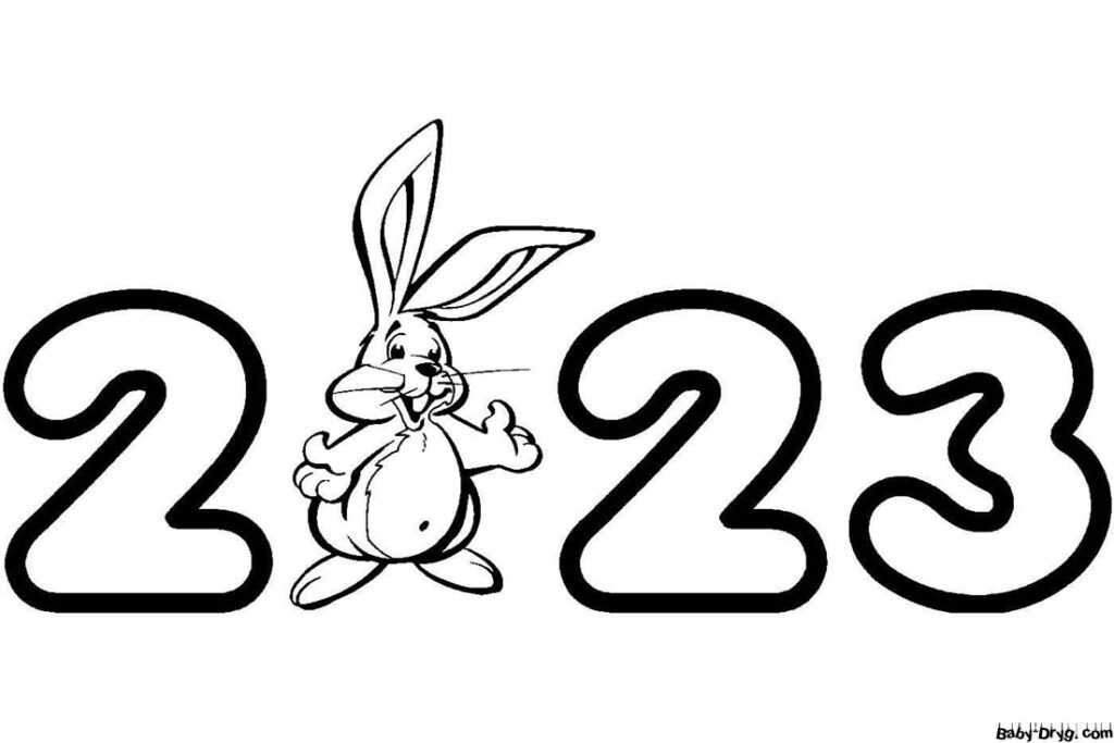 Раскраска 2023 год цифрами с Кроликом | Распечатать Раскраска Новогодний Кролик 2023