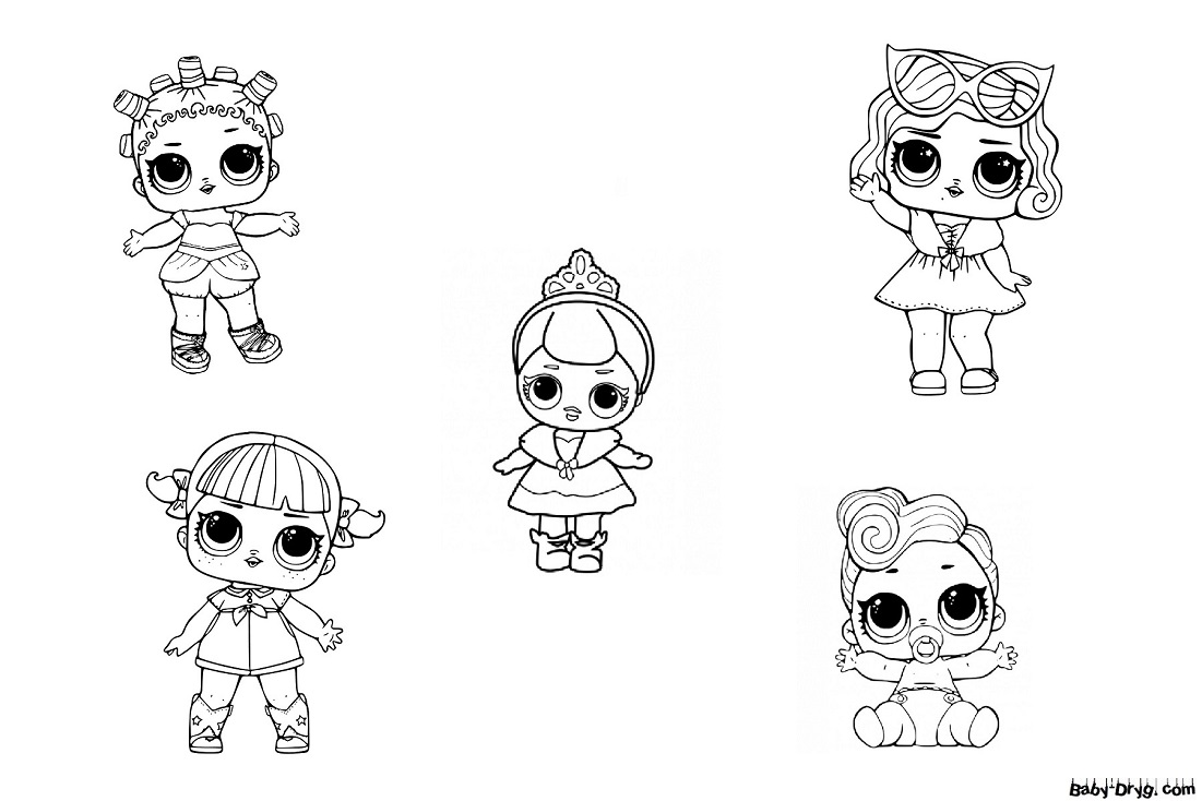 Раскраска из 5 кукол разных стилей | Распечатать Раскраска Кукла ЛОЛ