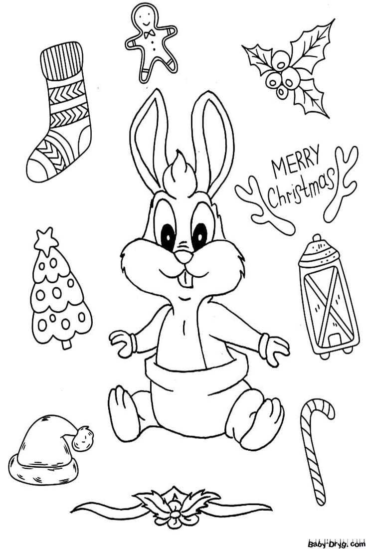 Раскраска Merry Christmas | Распечатать Раскраска Новогодний Кролик 2023