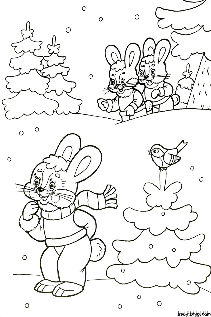 Раскраска зайчики | Распечатать Раскраска Новогодний Кролик 2023