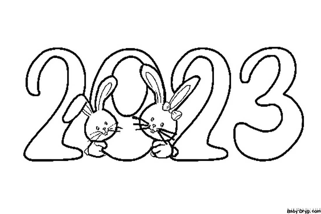2023 год цифры с Кроликом | Распечатать Раскраска Новогодний Кролик 2023
