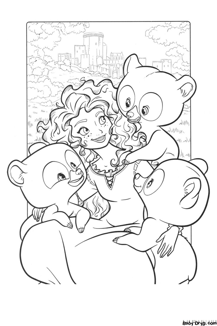 Раскраска Мерида и медвежата | Раскраски Принцесс