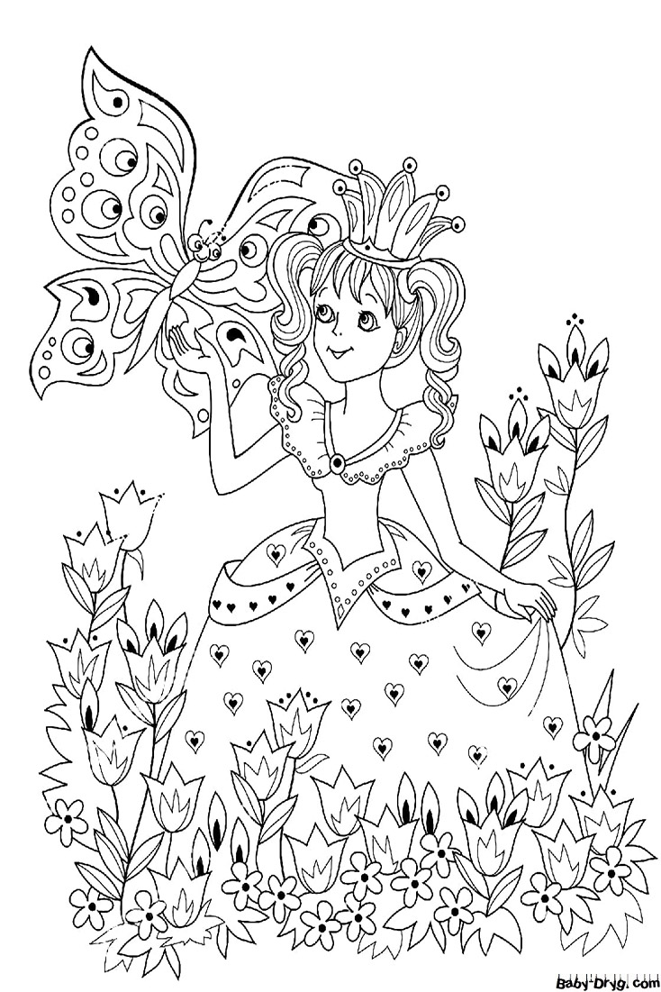 Раскраска Принцесса и большая бабочка | Раскраски Принцесс