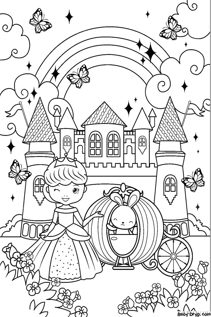 Раскраска Принцесса и зайчик возле замка | Раскраски Принцесс