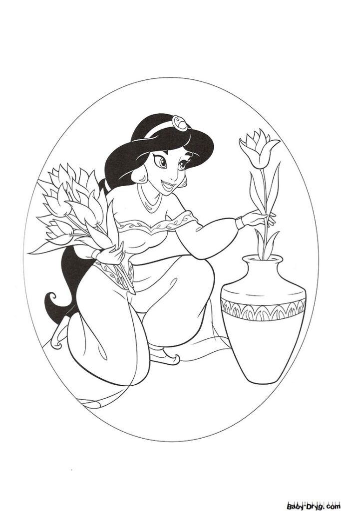 Раскраска Принцесса Жасмин с цветами | Раскраски Принцесс