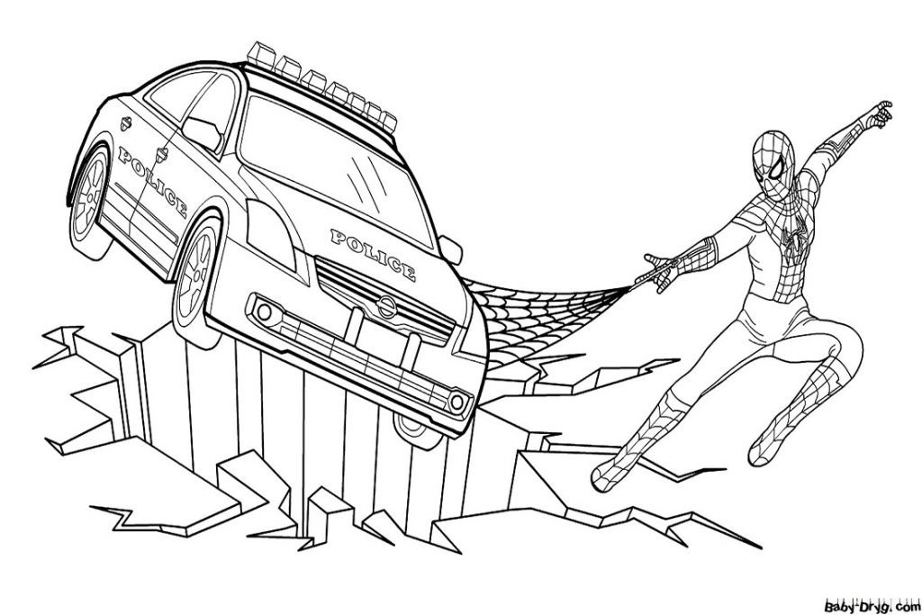 Раскраска Человек-Паук спасает полицейскую машину | Раскраски Человек Паук