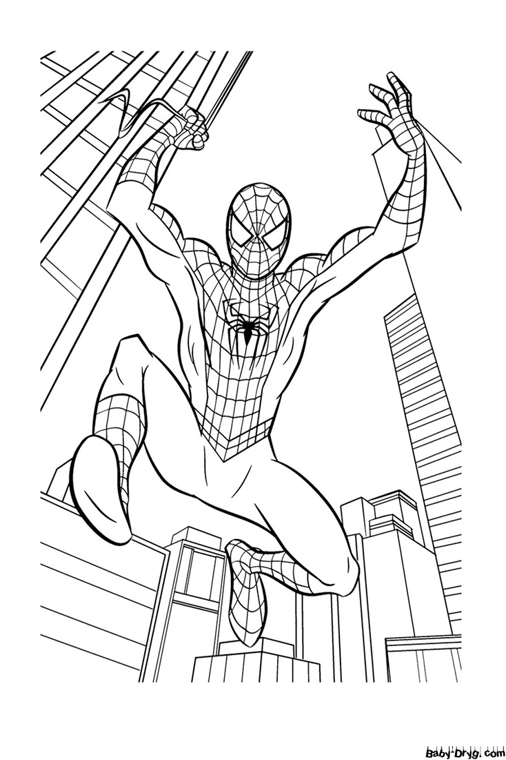 Раскраска Человек паук среди небоскрёбов | Раскраски Человек Паук