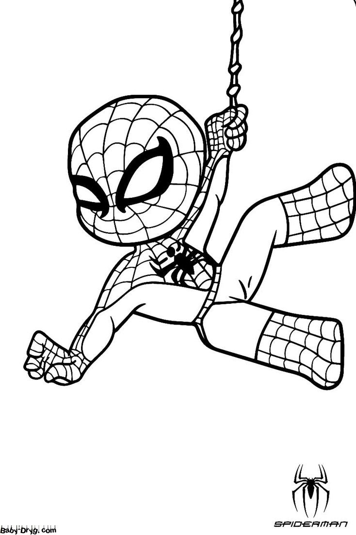 Раскраска Чиби Человек-Паук на паутине | Раскраски Человек Паук