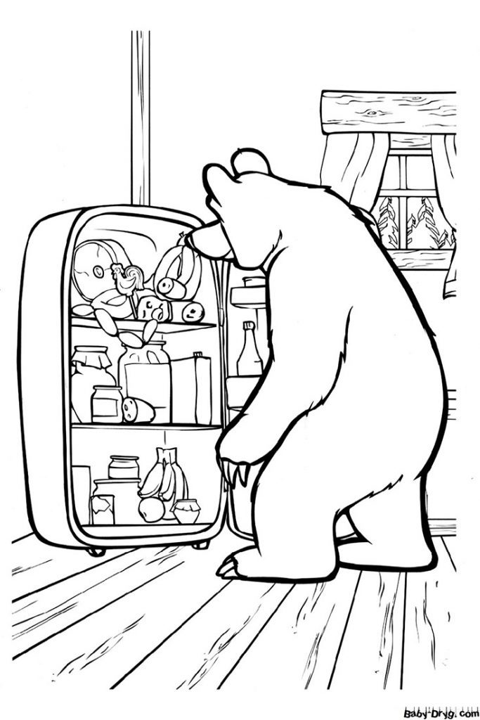 Раскраска Что медведь ищет в холодильнике? | Раскраски Маша и Медведь