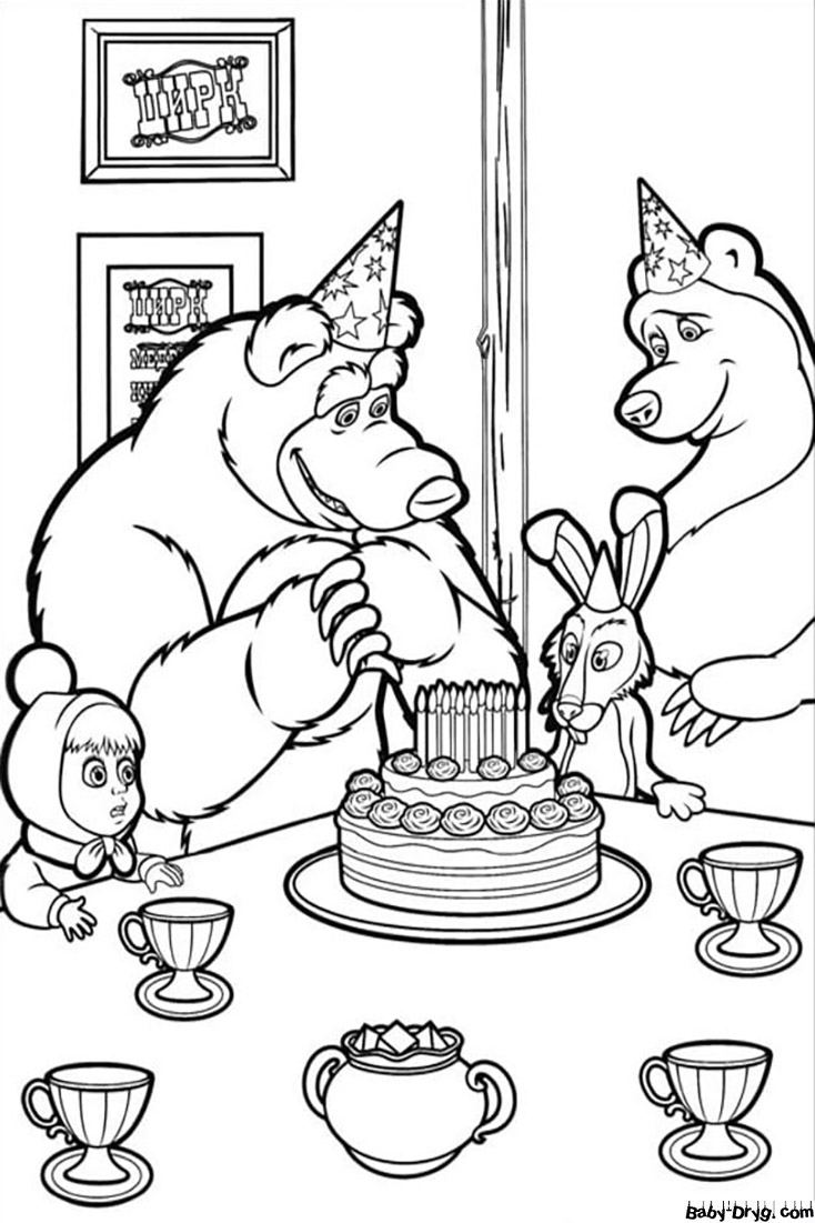Раскраска День Рождения у Зайчика | Раскраски Маша и Медведь