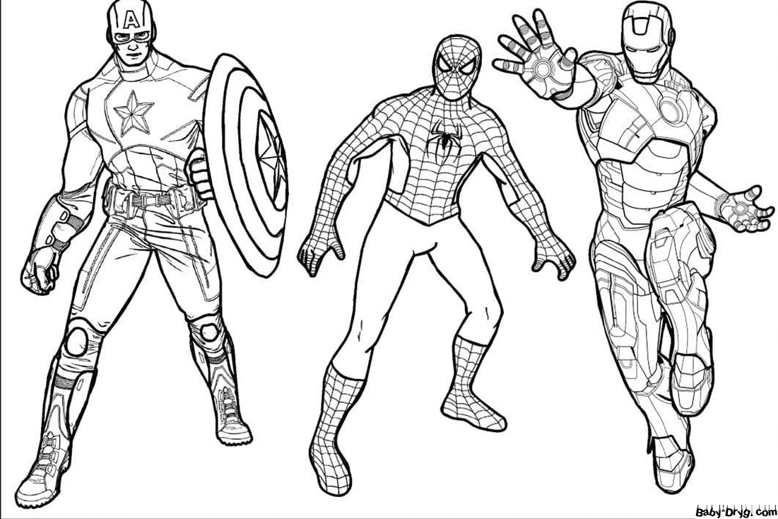 Раскраска Капитан Америка, Человек-Паук и Железный Человек | Раскраски Человек Паук