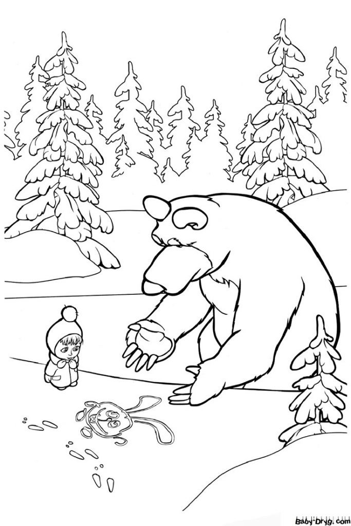 Раскраска Маша и медведь рисуют на снегу | Раскраски Маша и Медведь