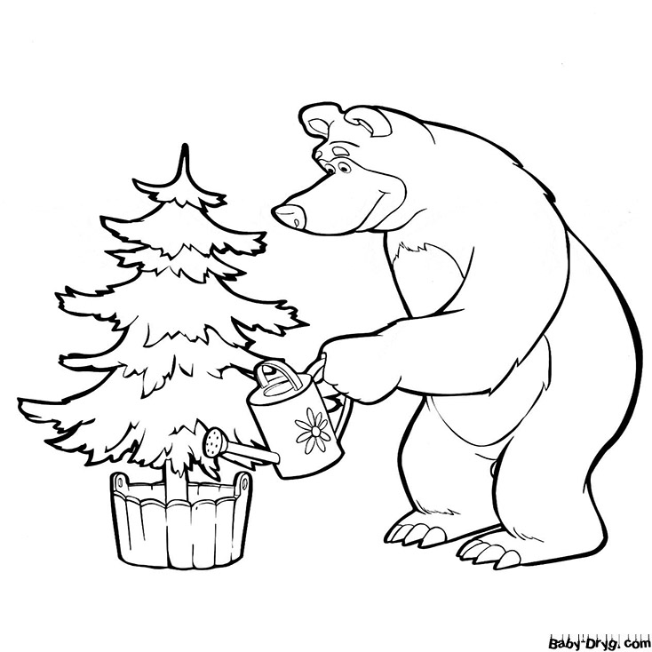 Раскраска Медведь поливает елку | Раскраски Маша и Медведь