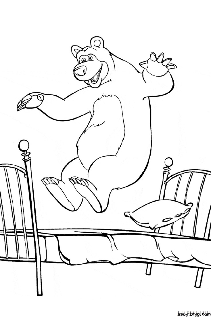 Раскраска Медведь прыгает на кровати | Раскраски Маша и Медведь