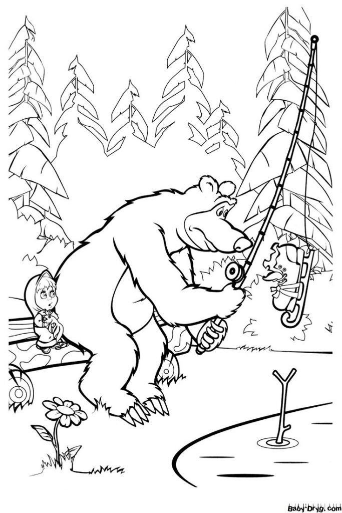 Раскраска Неожиданный улов медведя | Раскраски Маша и Медведь