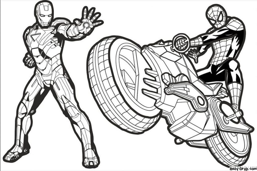 Раскраска Железный Человек и Человек-Паук на мотоцикле | Раскраски Человек Паук
