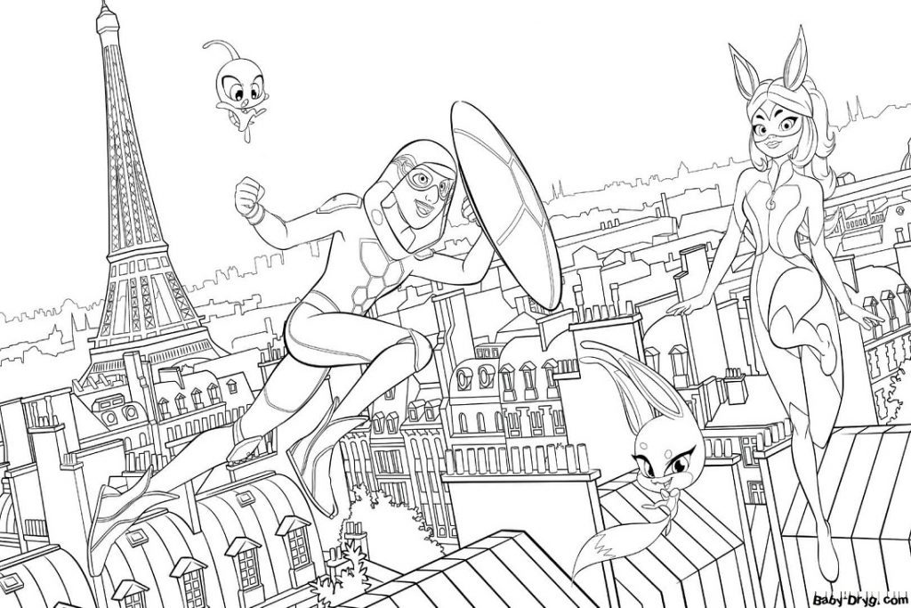 Coloring Carapace, Rena Rouge and Kwami Over the City | Coloring Ladybug and Cat Noir