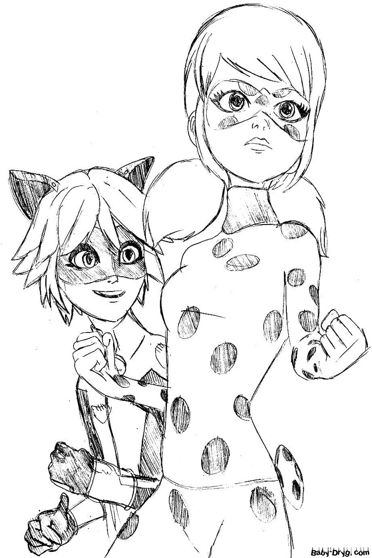 Coloring Cat Noir admires the courage and bravery of his partner | Coloring Ladybug and Cat Noir