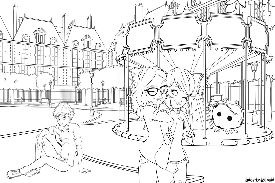 Coloring Girlfriends walking in an amusement park | Coloring Ladybug and Cat Noir