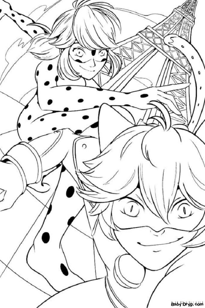 Coloring residents of Paris can sleep peacefully, because their sleep is guarded by superheroes in masks | Coloring Ladybug and Cat Noir