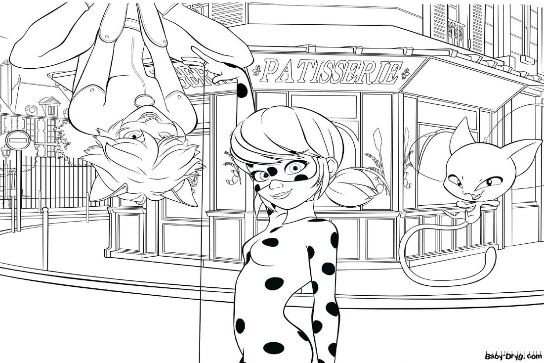 Coloring Streets of Paris guarded by this beautiful couple | Coloring Ladybug and Cat Noir