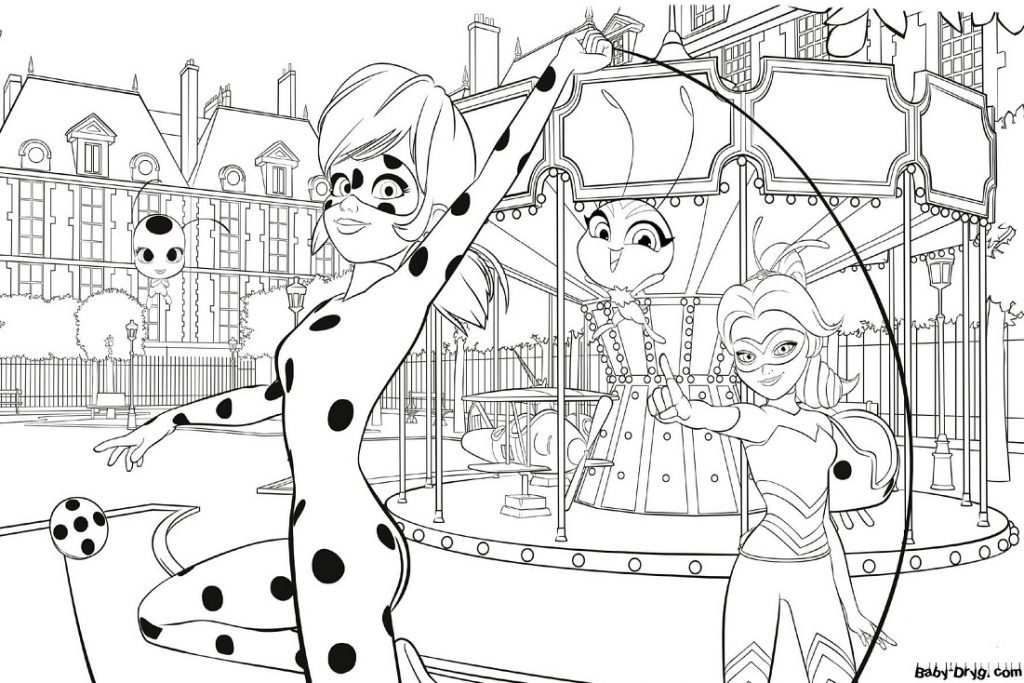 Colouring Ladybug and Queen Bee at the amusement park | Coloring Ladybug and Cat Noir