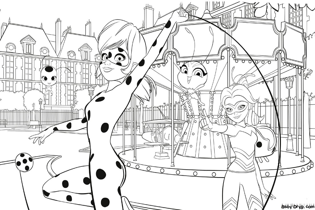 Colouring Ladybug and Queen Bee at the amusement park | Coloring Ladybug and Cat Noir