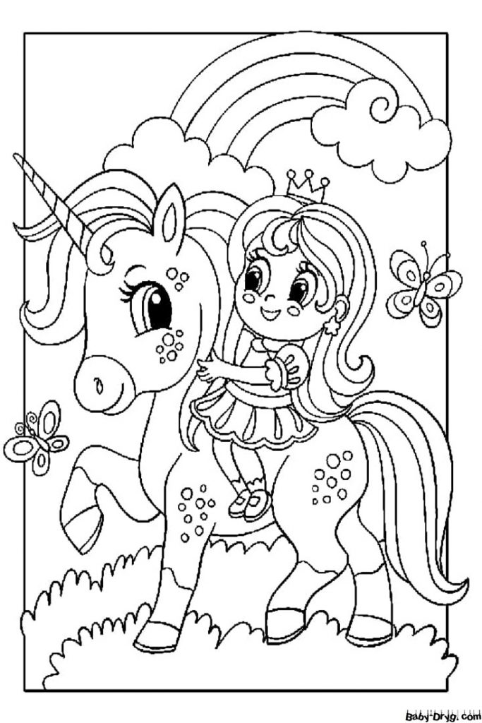 A little princess rides a unicorn | Coloring Princess