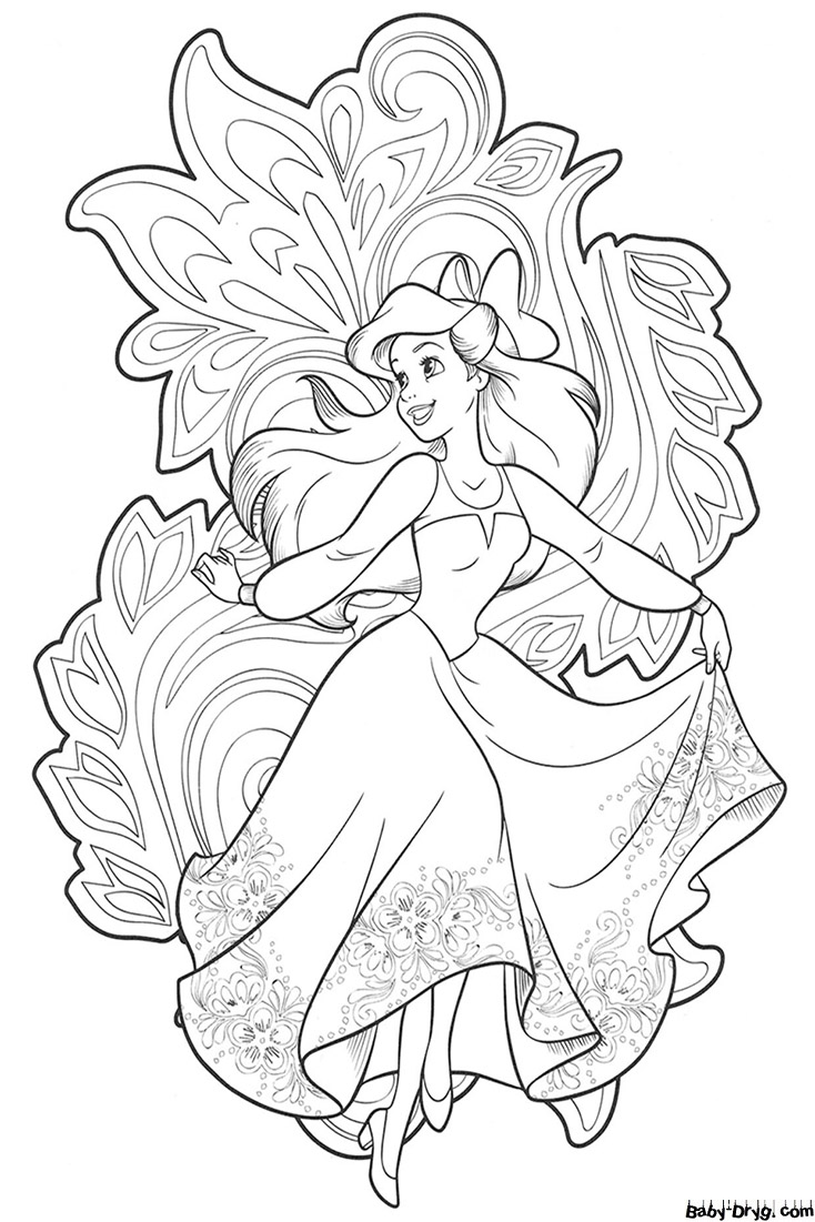 Coloring page Ariel in a beautiful dress | Coloring Princess
